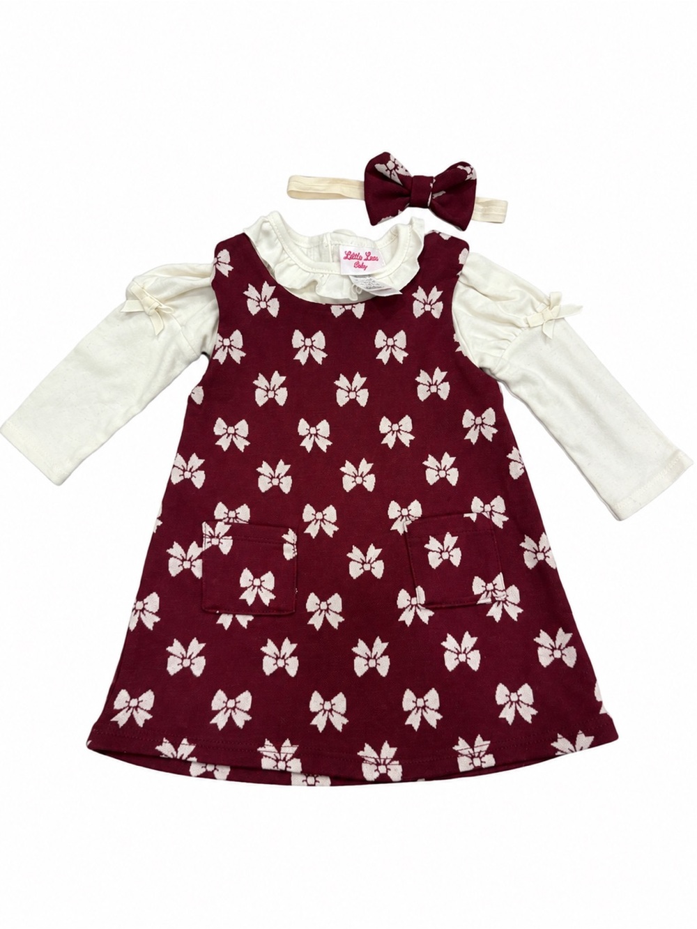 Little Lass Maroon Bow-Print Dress with Cream Top & Bow Headband